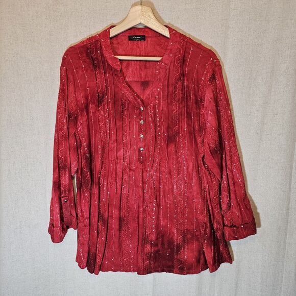 Cocomo Tops - Cocomo Woman Tunic Top  2X Red Sequins Boho Jersey  3/4 Sleeve V Neck Blouse